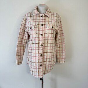 Joie Shacket Plaid Long Jacket Pink Cream Button Down Coat Cardigan Sz S